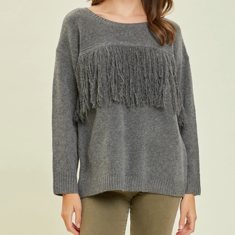 17. Women's Wool Blend Gray Front Fringe Long Sleeve Top - Picture 3 of 4